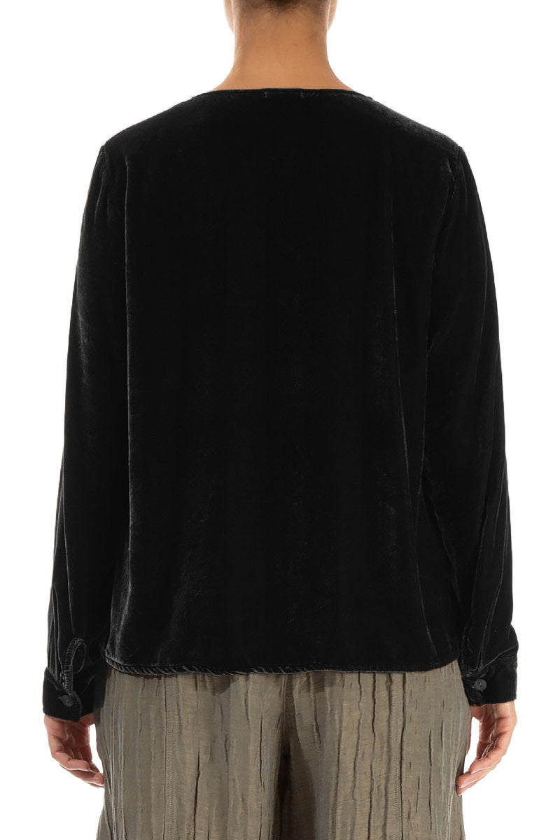 V-Neck Black Silk Velvet Blouse