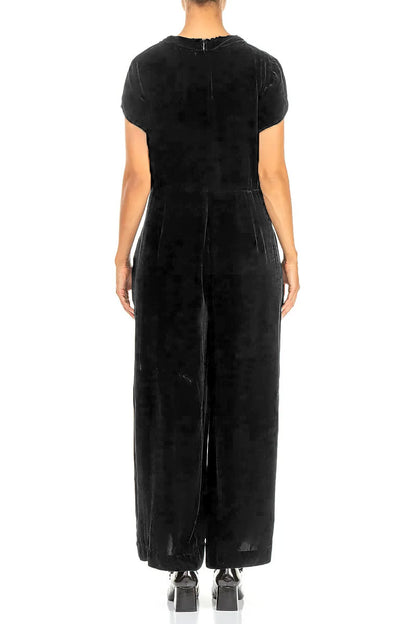V-Neck Black Silk Velvet Jumpsuit 2