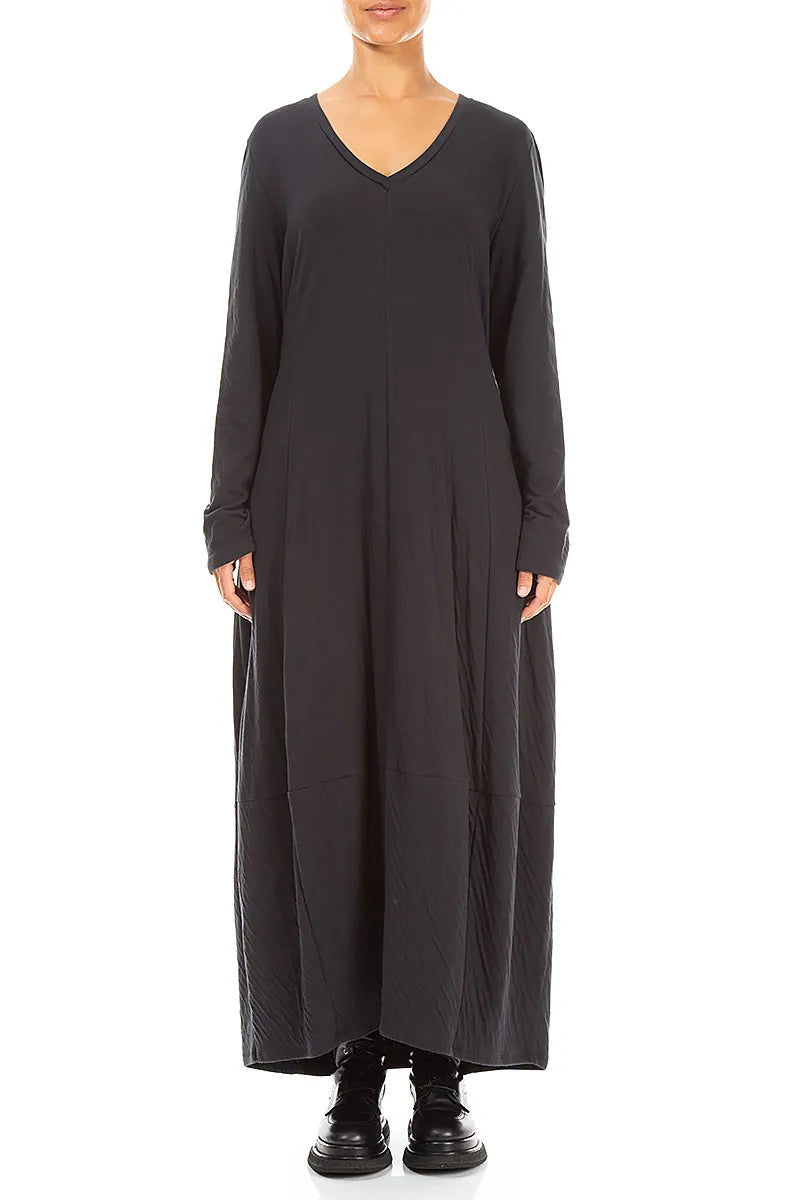 V-Neck Black Wavy Cotton Maxi Dress 1
