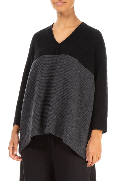 V-Neck Black &amp; Dark Grey Wool Sweater