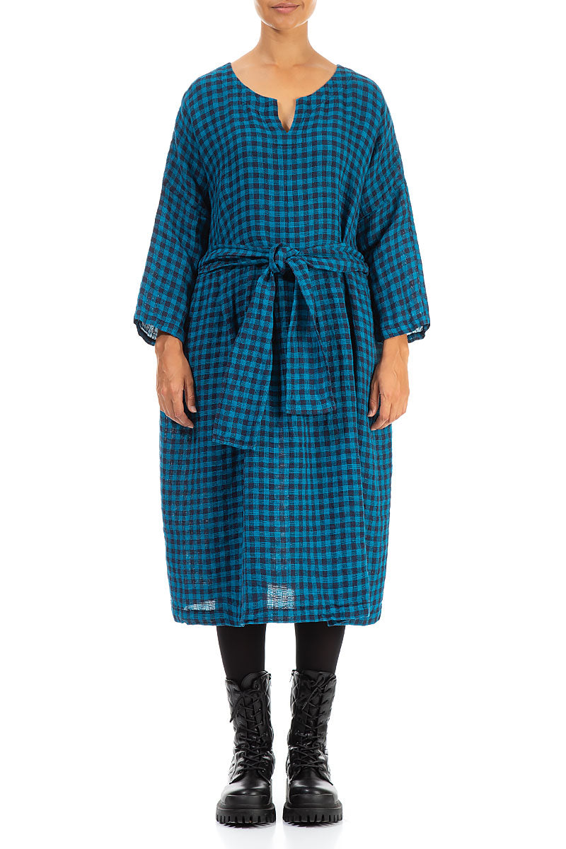 V-Neck Blue Check Linen Dress