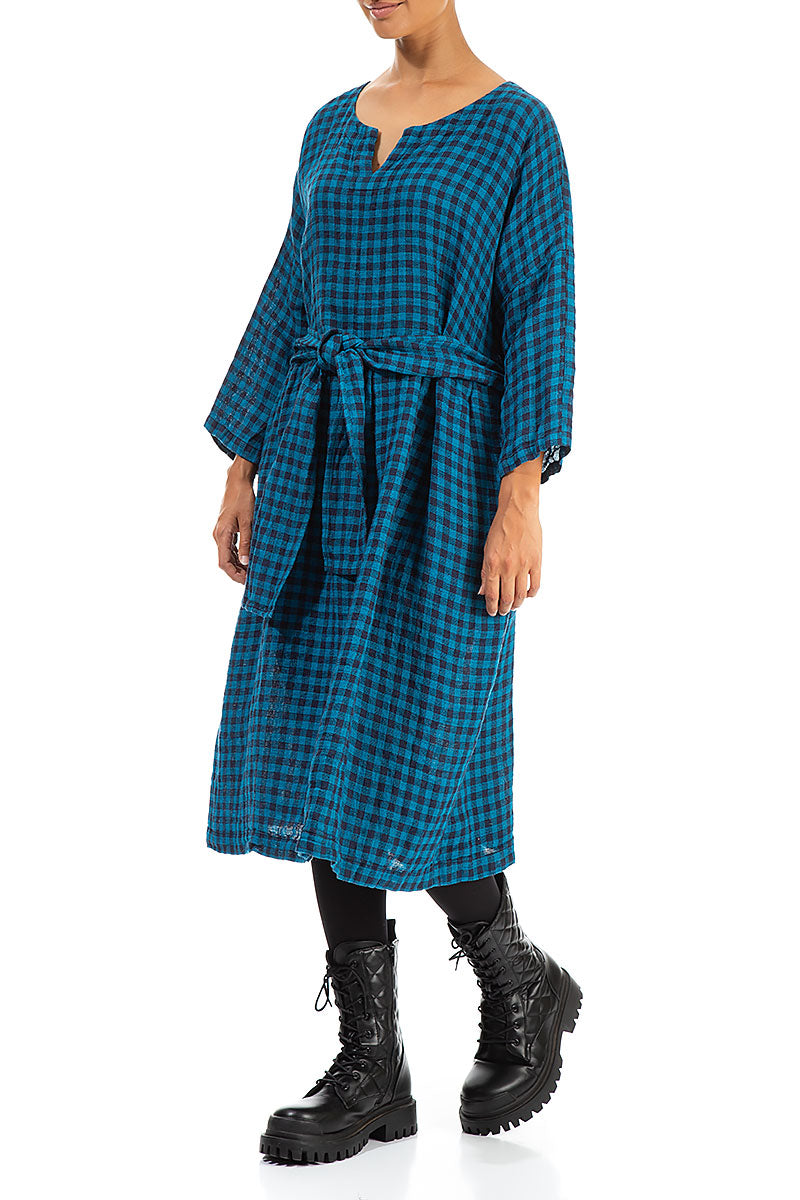 V-Neck Blue Check Linen Dress