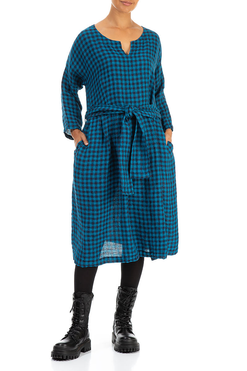 V-Neck Blue Check Linen Dress