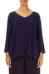 V-Neck Blue Violet Linen Viscose Blouse 1
