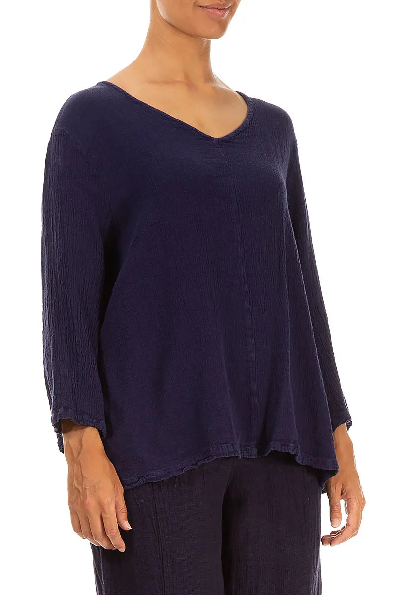 V-Neck Blue Violet Linen Viscose Blouse 3