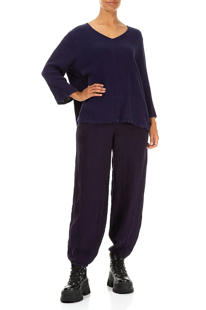 V-Neck Blue Violet Linen Viscose Blouse 4