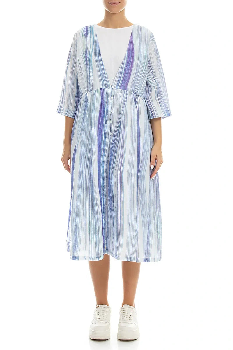V-Neck Blue Wash Stripe Linen Jacket