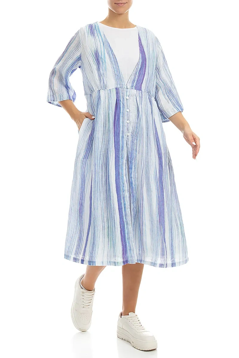 V-Neck Blue Wash Stripe Linen Jacket