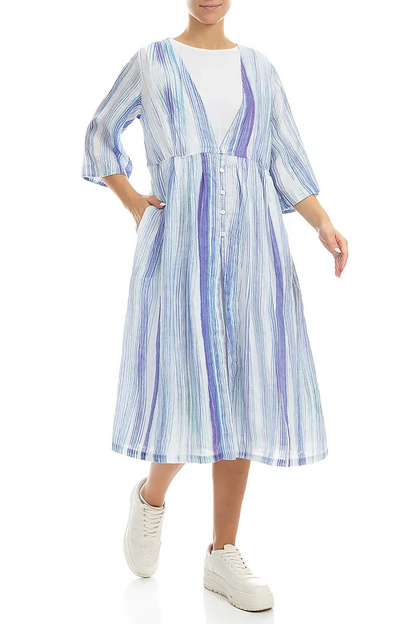 V-Neck Blue Wash Stripe Linen Jacket