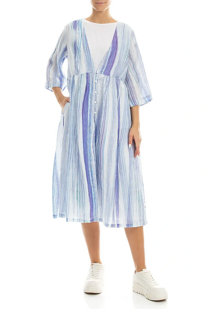 V-Neck Blue Wash Stripe Linen Jacket