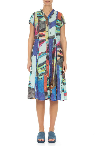 V-Neck Buttoned Abstract Linen Dress L