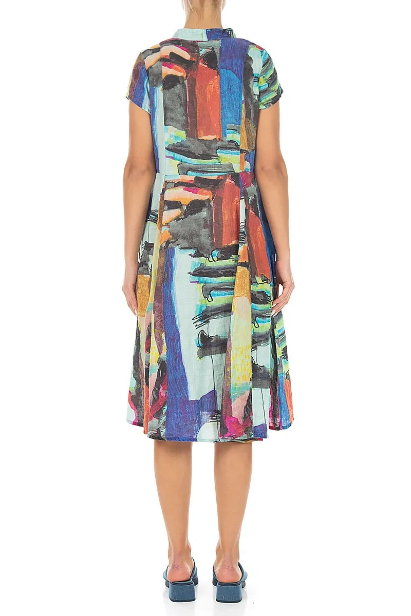 V-Neck Buttoned Abstract Linen Dress 2