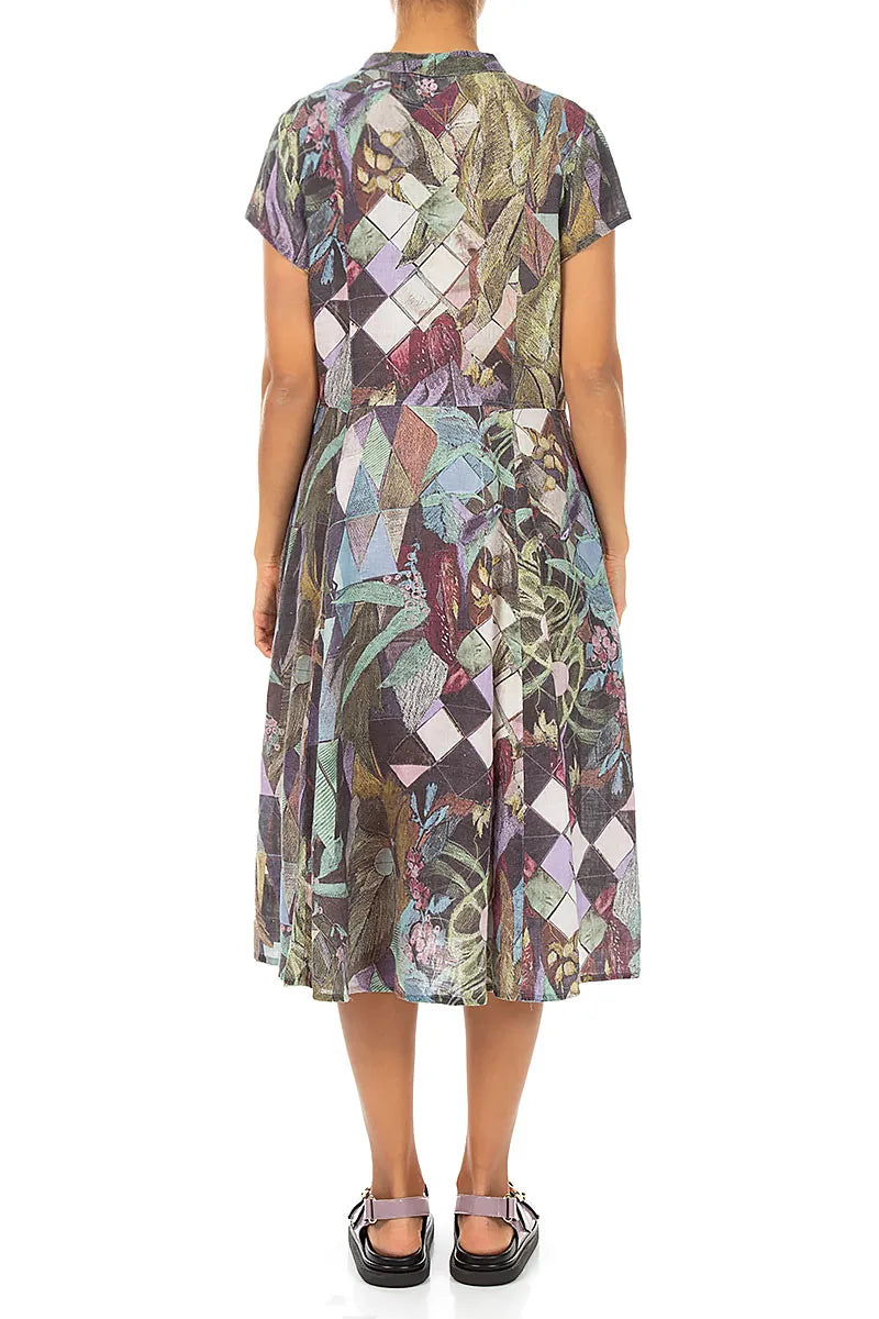 V-Neck Buttoned Art Mosaic Linen Dress L V-Neck Buttoned Art Mosaic Linen Dress L
