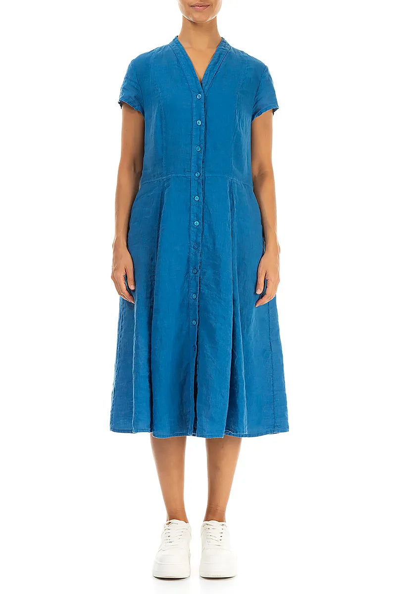 Robe trapèze en lin bleu cobalt avec boutonnage et col en V