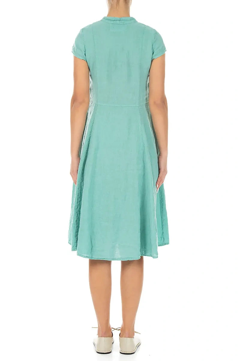 V-Neck Buttoned Mint Linen Dress 2