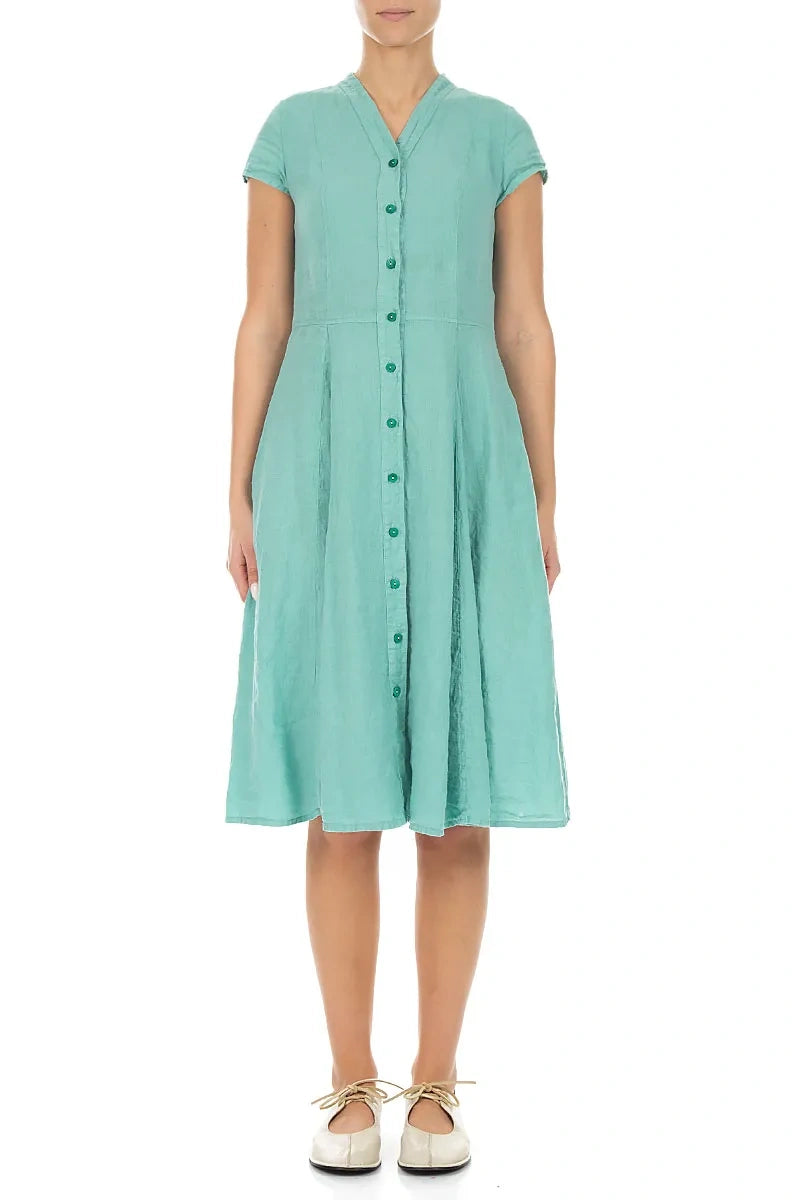V-Neck Buttoned Mint Linen Dress 1