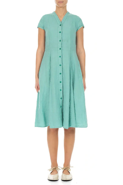 V-Neck Buttoned Mint Linen Dress 1
