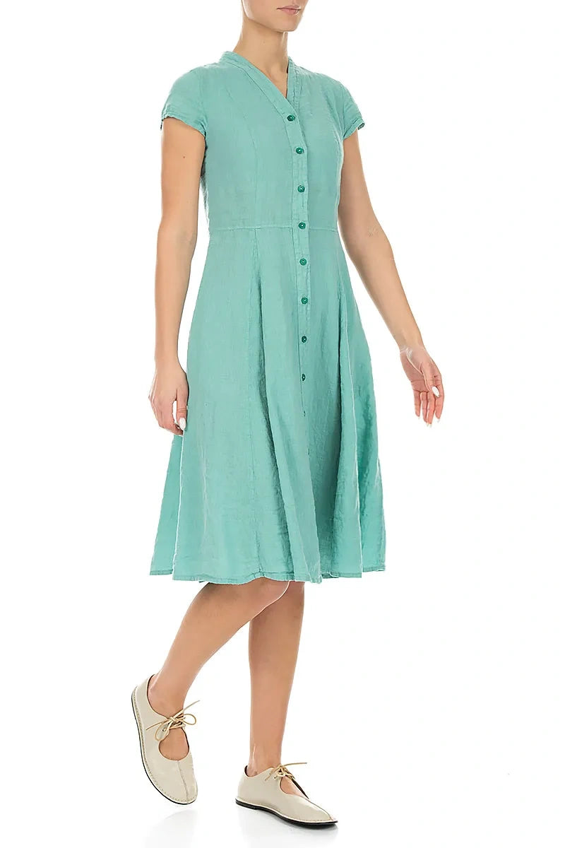 V-Neck Buttoned Mint Linen Dress 3