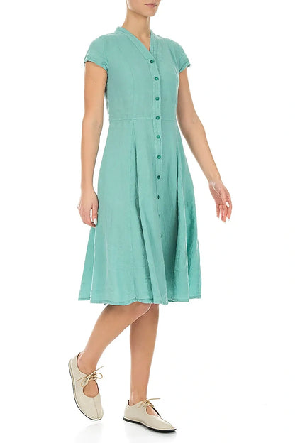 V-Neck Buttoned Mint Linen Dress 3