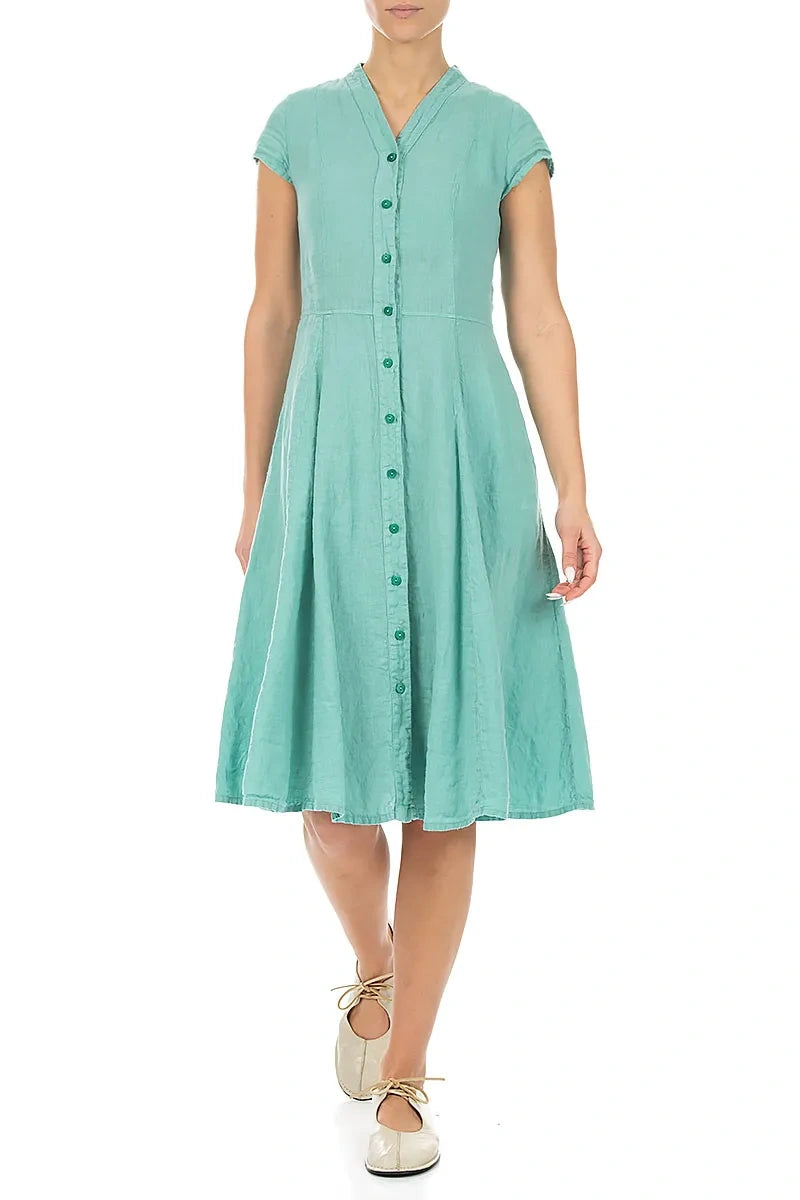 V-Neck Buttoned Mint Linen Dress 4