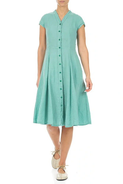 V-Neck Buttoned Mint Linen Dress 4