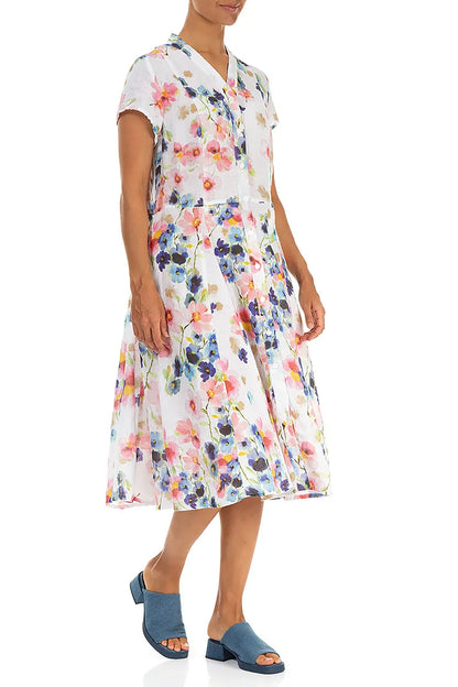 V-Neck Buttoned Primrose Linen Dress 