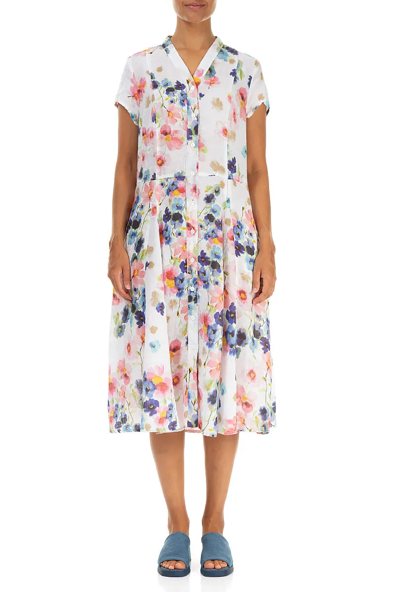 V-Neck Buttoned Primrose Linen Dress 1