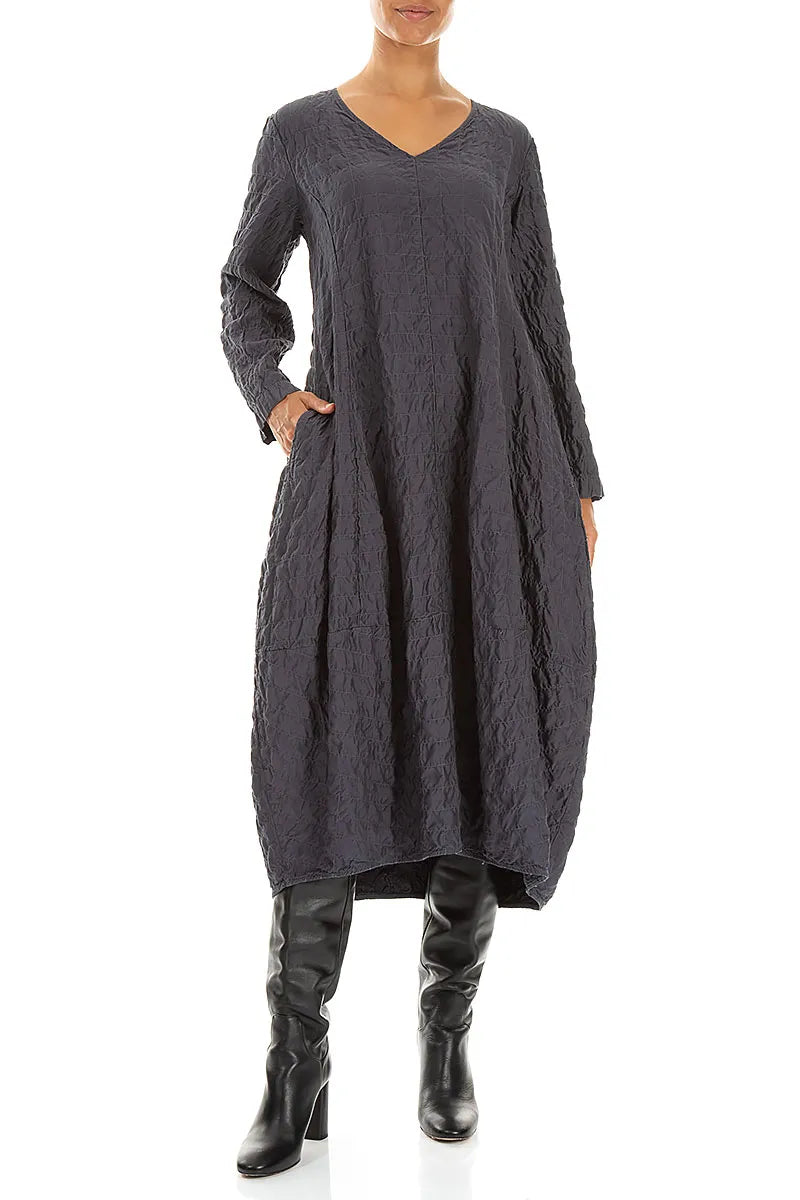 V-Neck Charcoal Pleated Silk Bamboo Dress 4