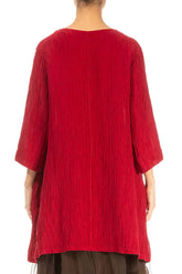 V-Neck Cherry Red Crinkled Silk Tunic 3