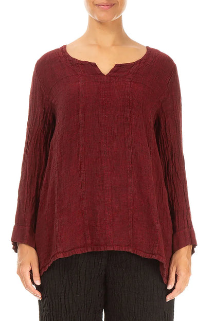 V-Neck Cherry Red Mélange Linen Blouse 1