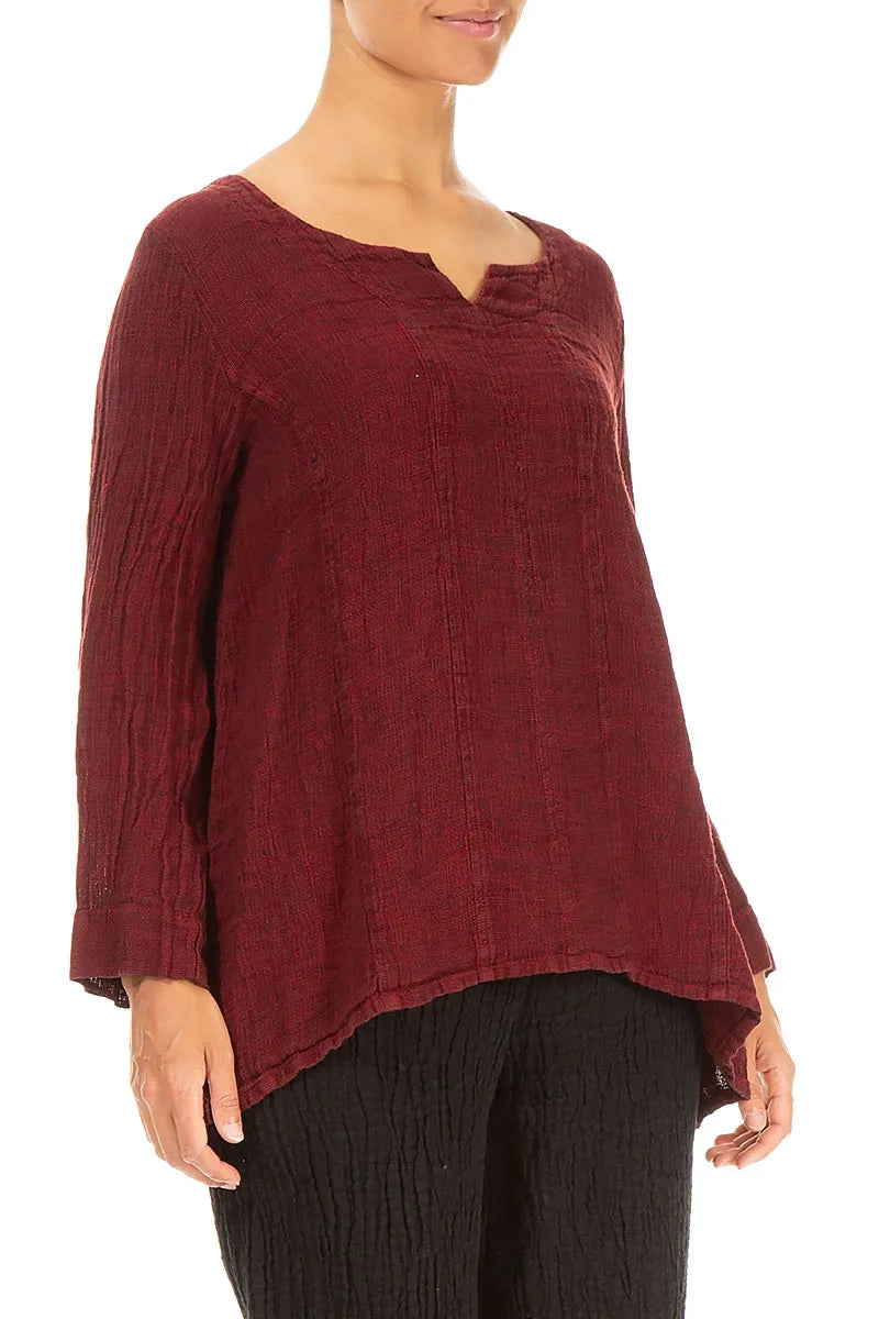 V-Neck Cherry Red Mélange Linen Blouse 3