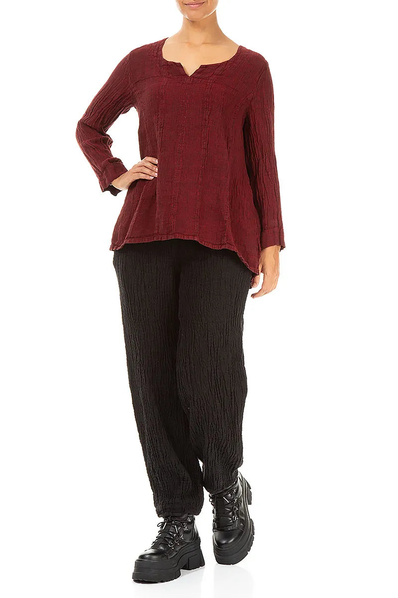 V-Neck Cherry Red Mélange Linen Blouse 4