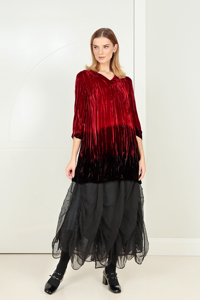 V-Neck Cherry Red Silk Velvet Ombré Tunic 1