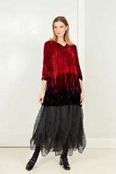 V-Neck Cherry Red Silk Velvet Ombré Tunic 1