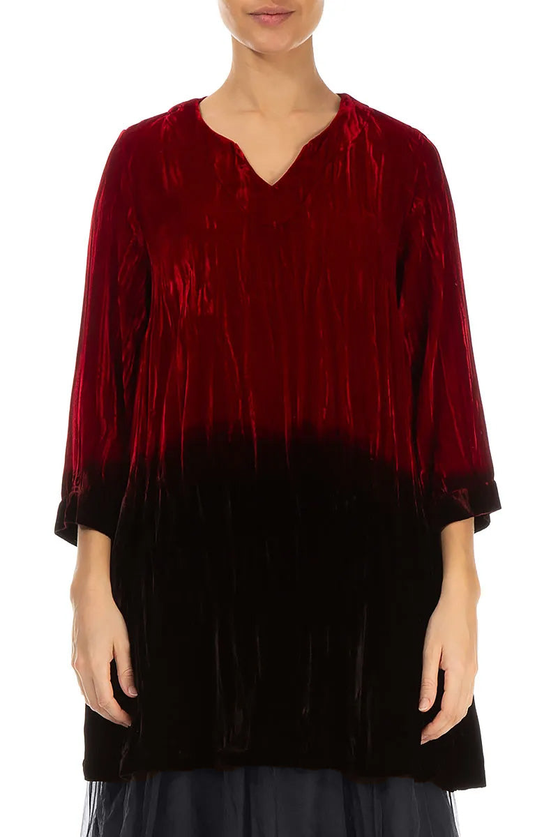 V-Neck Cherry Red Silk Velvet Ombré Tunic 2