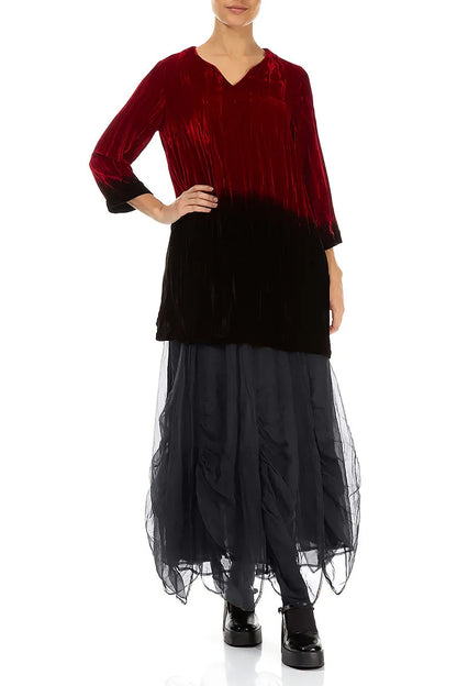 V-Neck Cherry Red Silk Velvet Ombré Tunic 5