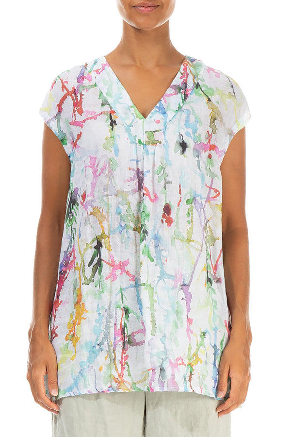 V-Neck Colour Splash Gauze Linen Blouse 1