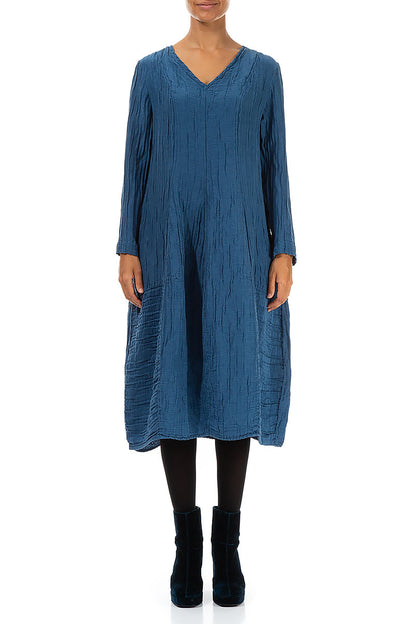 V-Neck Crinkled Azure Silk Linen Dress