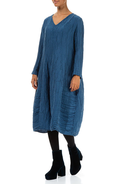 V-Neck Crinkled Azure Silk Linen Dress