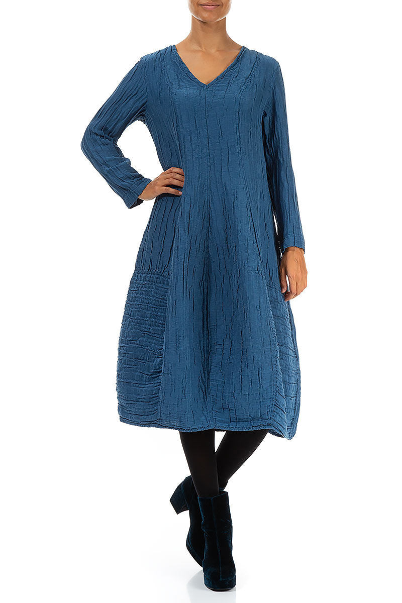 V-Neck Crinkled Azure Silk Linen Dress