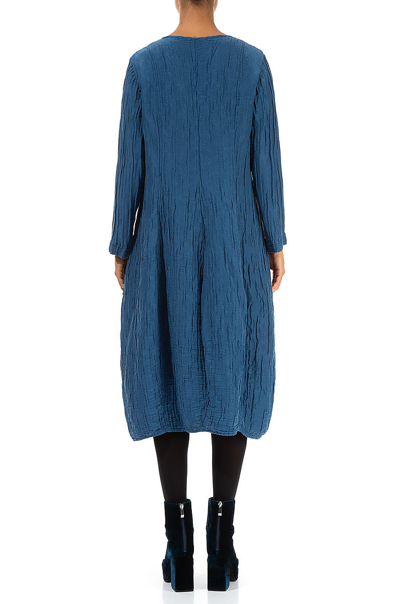 V-Neck Crinkled Azure Silk Linen Dress