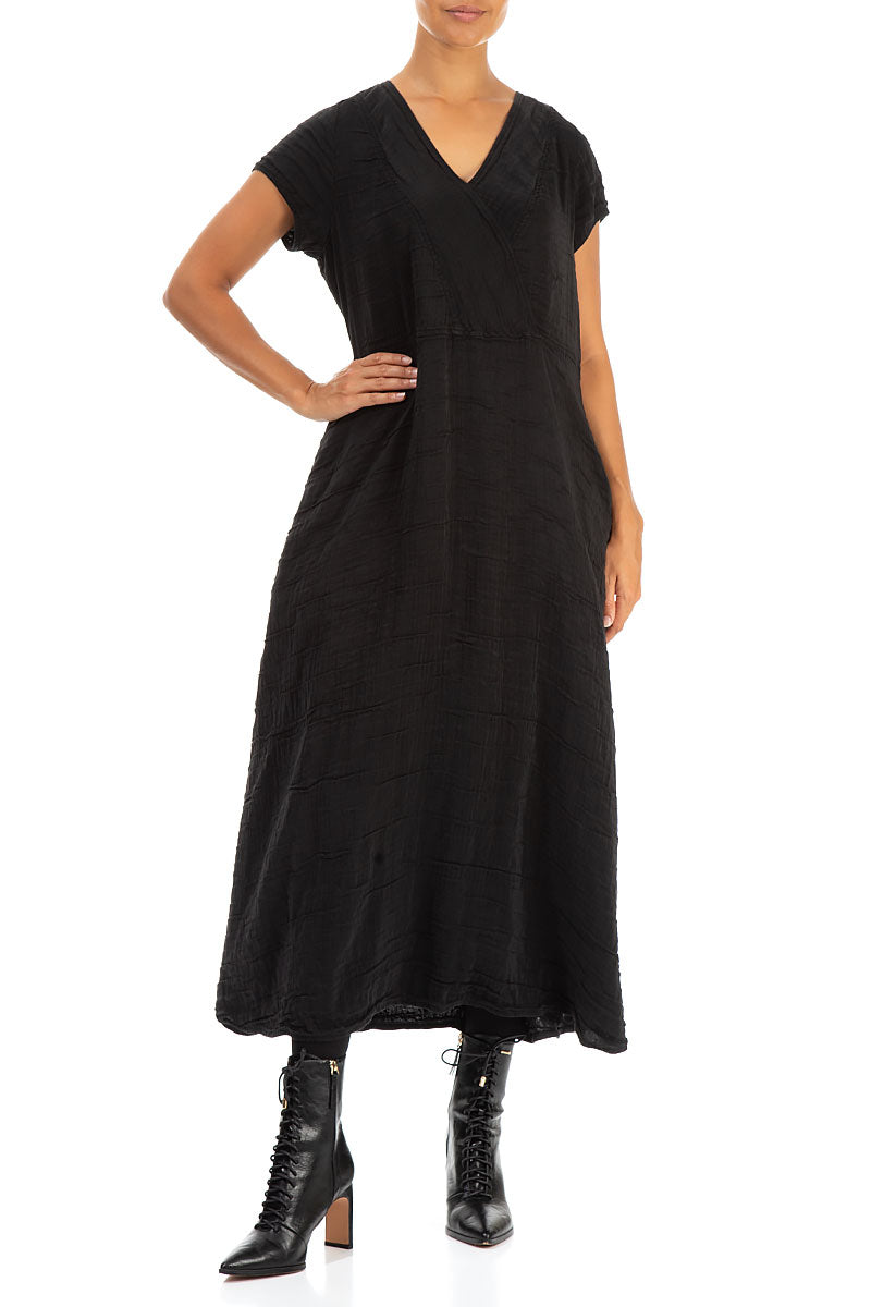 V-Neck Crinkled Black Silk Dress