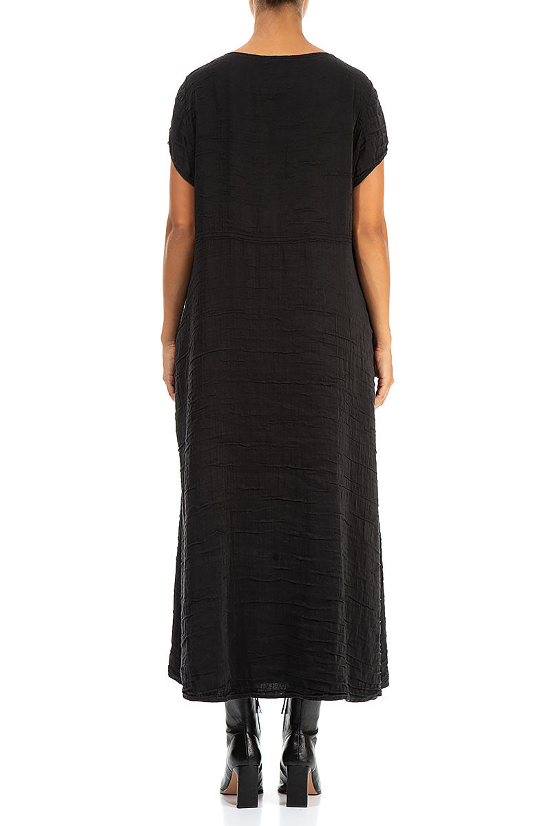 V-Neck Crinkled Black Silk Dress