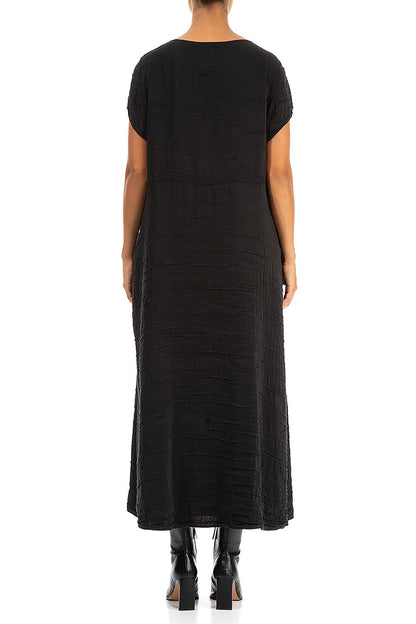 V-Neck Crinkled Black Silk Dress