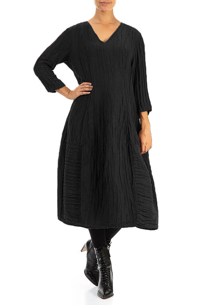 V-Neck Crinkled Black Silk Linen Dress 4