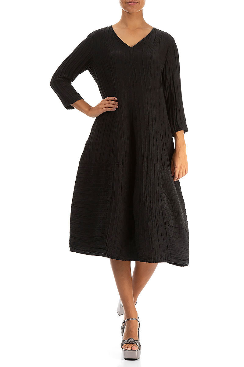 V-Neck Crinkled Black Silk Linen Dress 4