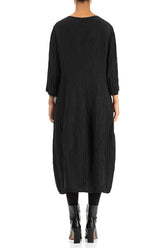 V-Neck Crinkled Black Silk Linen Dress 2