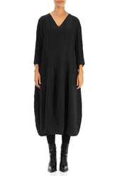 V-Neck Crinkled Black Silk Linen Dress 1