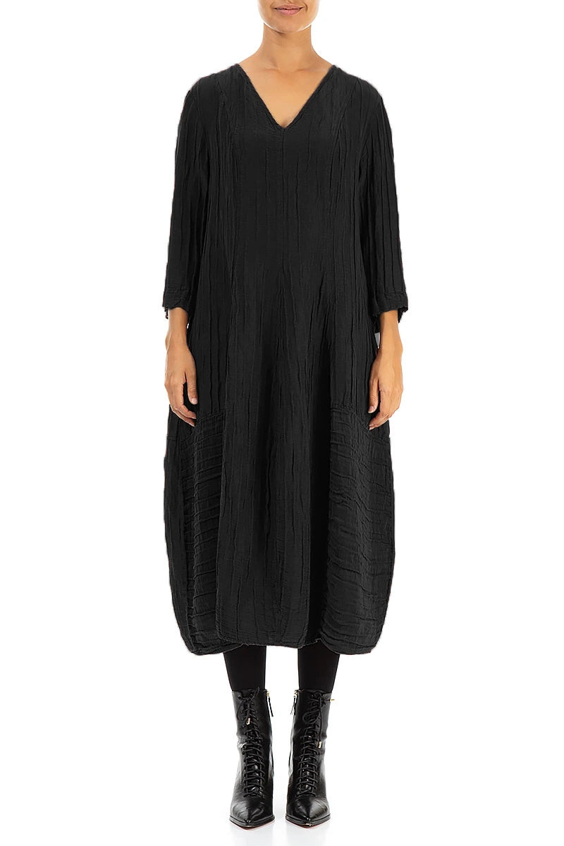V-Neck Crinkled Black Silk Linen Dress 1