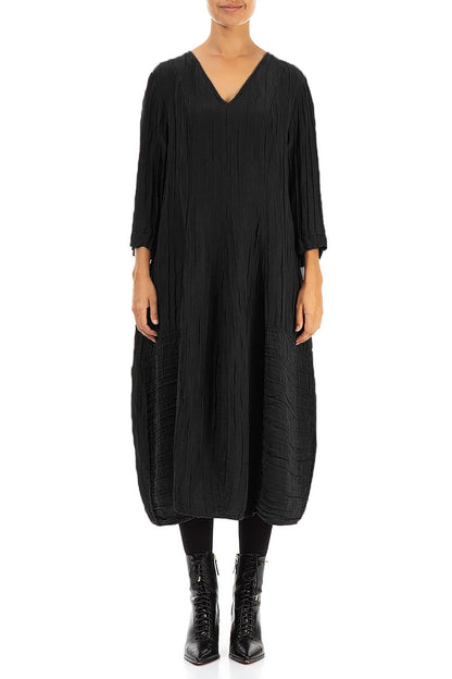 V-Neck Crinkled Black Silk Linen Dress 1